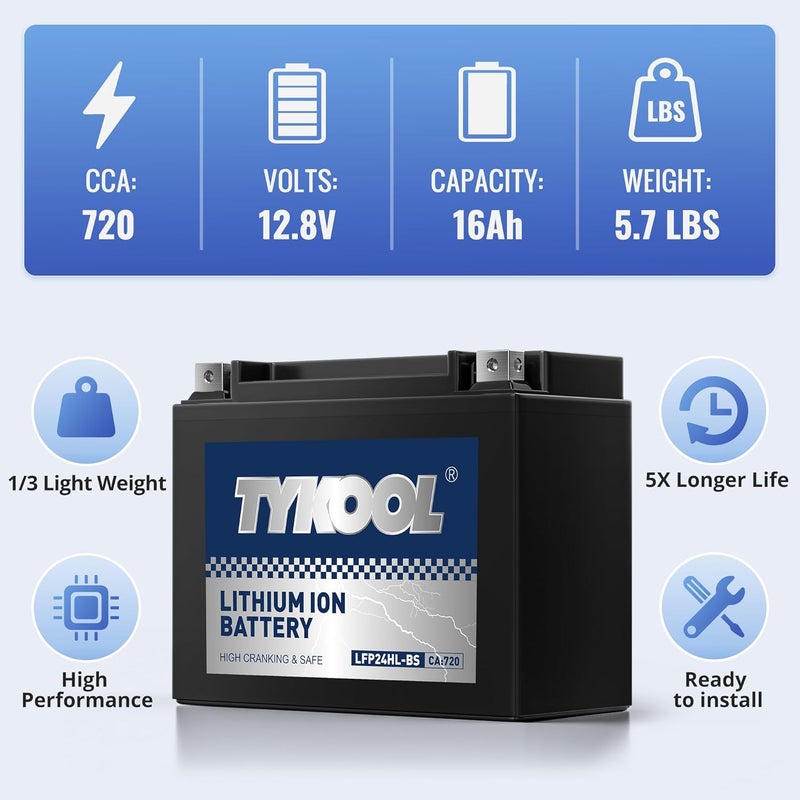 TYKOOL YTX24HL-BS High Performance Lithium LiFePO4 Motorcycle Battery, 720CCA,16Ah,2X Cranking Power,5X Service Life, Digital Readout,Competible for ATV,Motorcycle,Snowmobile, riding lawn Mower - Image 3